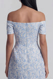 Off the Shoulder Blue Jacquard A-Line Mini Homecoming Dress With Bow