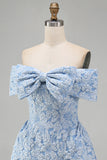 Off the Shoulder Blue Jacquard A-Line Mini Homecoming Dress With Bow
