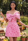 Off the Shoulder Blue Jacquard A-Line Mini Homecoming Dress With Bow