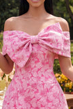 Off the Shoulder Blue Jacquard A-Line Mini Homecoming Dress With Bow