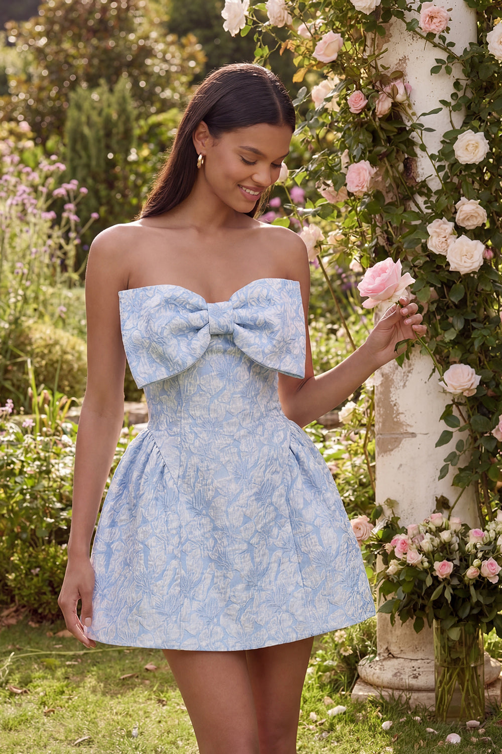 a line mini homecoming dress Zapaka Women Blue A-Line Homecoming Dress Off the Shoulder Jacquard Mini Cocktail Dress with Bow, Blue / US16W