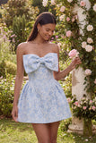 A-Line Blue Off the Shoulder Jacquard Mini Homecoming Dress With Bow