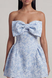 A-Line Blue Off the Shoulder Jacquard Mini Homecoming Dress With Bow