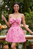 A-Line Blue Off the Shoulder Jacquard Mini Homecoming Dress With Bow