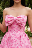 A-Line Blue Off the Shoulder Jacquard Mini Homecoming Dress With Bow