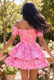 A-Line Fuchsia Off the Shoulder Jacquard Mini Homecoming Dress With Bow