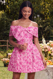 Off the Shoulder A-Line Fuchsia Jacquard Mini Homecoming Dress With Bow
