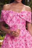 Off the Shoulder A-Line Fuchsia Jacquard Mini Homecoming Dress With Bow