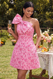 One Shoulder A-Line Fuchsia Jacquard Mini Homecoming Dress With Bow