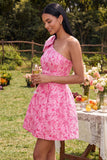 One Shoulder A-Line Fuchsia Jacquard Mini Homecoming Dress With Bow