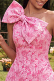 One Shoulder A-Line Fuchsia Jacquard Mini Homecoming Dress With Bow