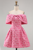 A-Line Fuchsia Jacquard Off the Shoulder Mini Homecoming Dress With Bow