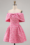A-Line Fuchsia Jacquard Off the Shoulder Mini Homecoming Dress With Bow