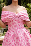 A-Line Fuchsia Jacquard Off the Shoulder Mini Homecoming Dress With Bow