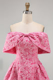 A-Line Fuchsia Jacquard Off the Shoulder Mini Homecoming Dress With Bow