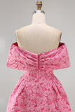 A-Line Fuchsia Jacquard Off the Shoulder Mini Homecoming Dress With Bow