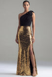Sparkly Black and Gold One Shoulder Sheath Sequins Bow Long Formal Dress with Slit