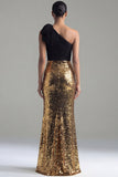 Sparkly Black and Gold One Shoulder Sheath Sequins Bow Long Formal Dress with Slit