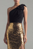 Sparkly Black and Gold One Shoulder Sheath Sequins Bow Long Formal Dress with Slit