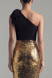 Sparkly Black and Gold One Shoulder Sheath Sequins Bow Long Formal Dress with Slit