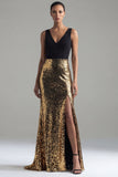 Sparkly Black and Gold Sequins V-Neck Mermaid Long Formal Dress with Slit