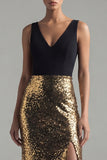 Sparkly Black and Gold Sequins V-Neck Mermaid Long Formal Dress with Slit