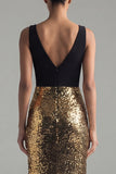 Sparkly Black and Gold Sequins V-Neck Mermaid Long Formal Dress with Slit