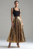 Sparkly A-Line Black and Gold Sequins Square Neck Long Formal Dress