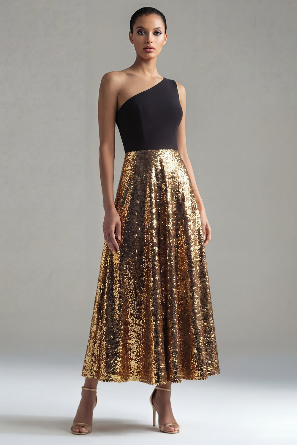Zapaka Women Black and Gold A-Line Formal Dress Sparkly Sequins One