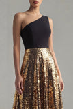 Sparkly One Shoulder A-Line Black and Gold Sequins Long Formal Dress