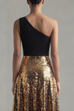 Sparkly One Shoulder A-Line Black and Gold Sequins Long Formal Dress