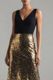 Sparkly Black and Gold Sequins A-Line V-Neck Long Formal Dress
