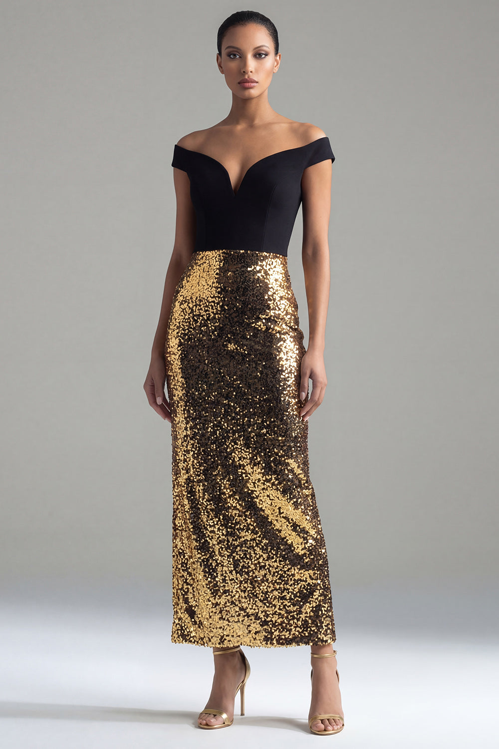 Zapaka Women Sparkly Black and Gold Formal Dress Sequins Off the