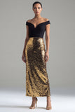 Sparkly Black and Gold Sequins Off the Shoulder Sheath Long Formal Dress with Slit