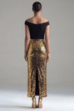 Sparkly Black and Gold Sequins Off the Shoulder Sheath Long Formal Dress with Slit