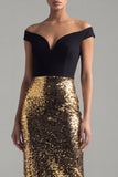 Sparkly Black and Gold Sequins Off the Shoulder Sheath Long Formal Dress with Slit