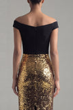Sparkly Black and Gold Sequins Off the Shoulder Sheath Long Formal Dress with Slit