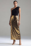 Sparkly One Shoulder Sheath Black and Gold Sequins Bow Long Formal Dress with Slit