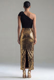 Sparkly One Shoulder Sheath Black and Gold Sequins Bow Long Formal Dress with Slit