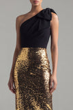 Sparkly One Shoulder Sheath Black and Gold Sequins Bow Long Formal Dress with Slit