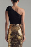 Sparkly One Shoulder Sheath Black and Gold Sequins Bow Long Formal Dress with Slit