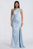 Sky Blue One Shoulder Ruched Mermaid Formal Dress