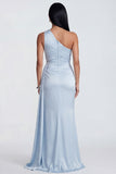 Sky Blue One Shoulder Ruched Mermaid Formal Dress