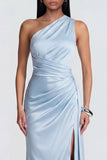 Sky Blue One Shoulder Ruched Mermaid Formal Dress