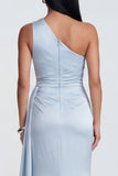 Sky Blue One Shoulder Ruched Mermaid Formal Dress