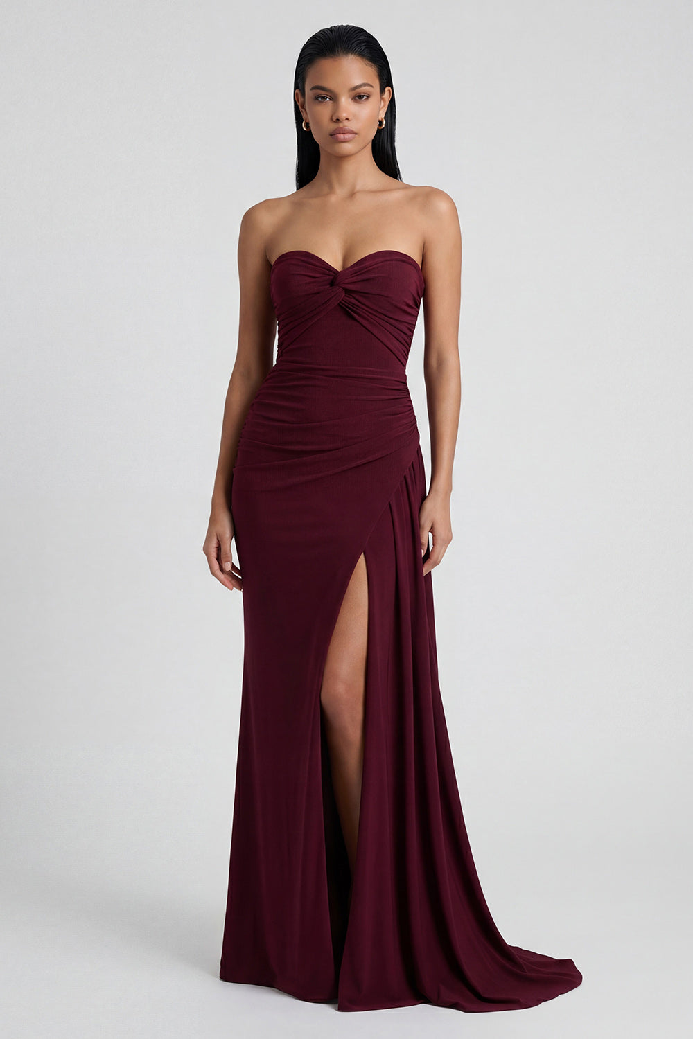 ZAPAKA Women Strapless Ruched Formal Dress with Slit Burgundy
