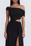 Black Cut Out Asymmetrical Neck Long Formal Dress