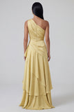 Yellow Ruffled A Line One Shoulder Long Formal Dress