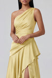 Yellow Ruffled A Line One Shoulder Long Formal Dress