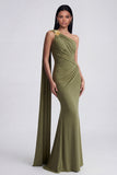 Olive Mermaid One Shoulder Long Formal Dress with Side Streamer